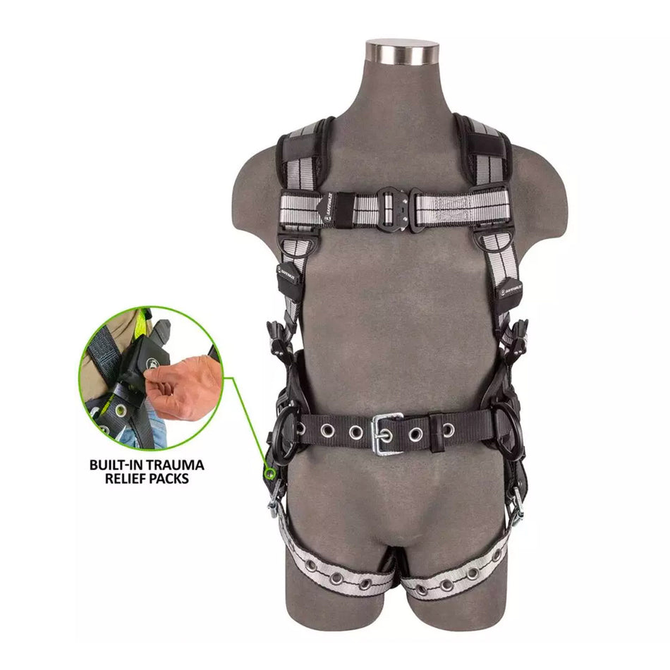 Safewaze PRO+ Slate Construction Harness: Alu 3D, Alu QC Chest, TB Legs, Trauma Relief - 023-1257