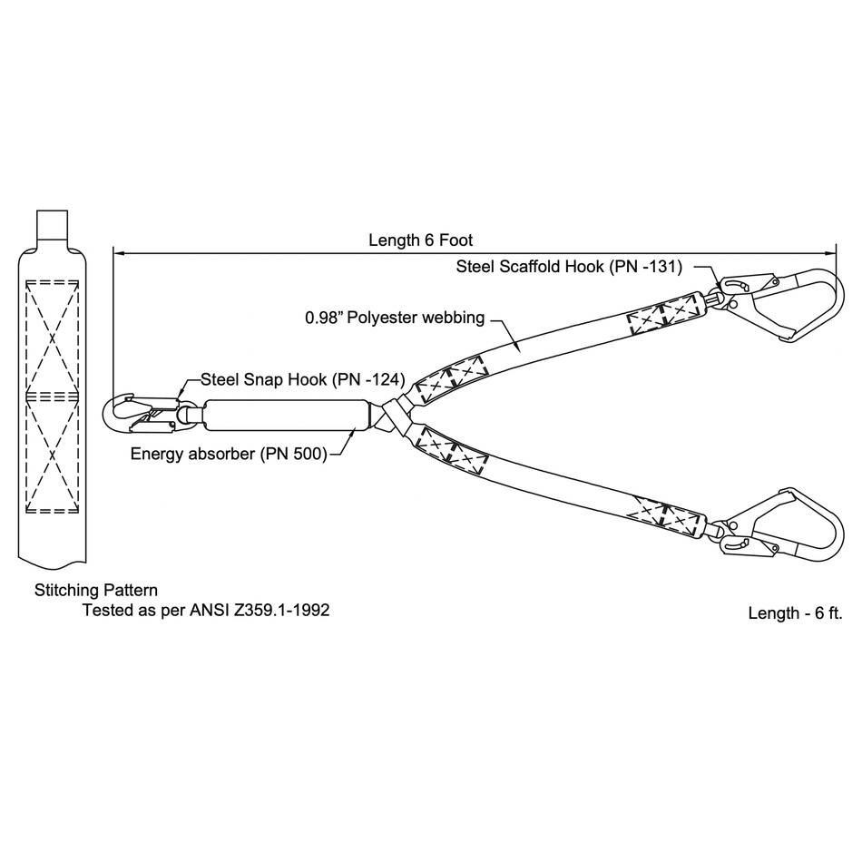 Palmer Safety Lanyard 6 ft. Shock Absorber, Rebar Hooks, Double Leg - L112211