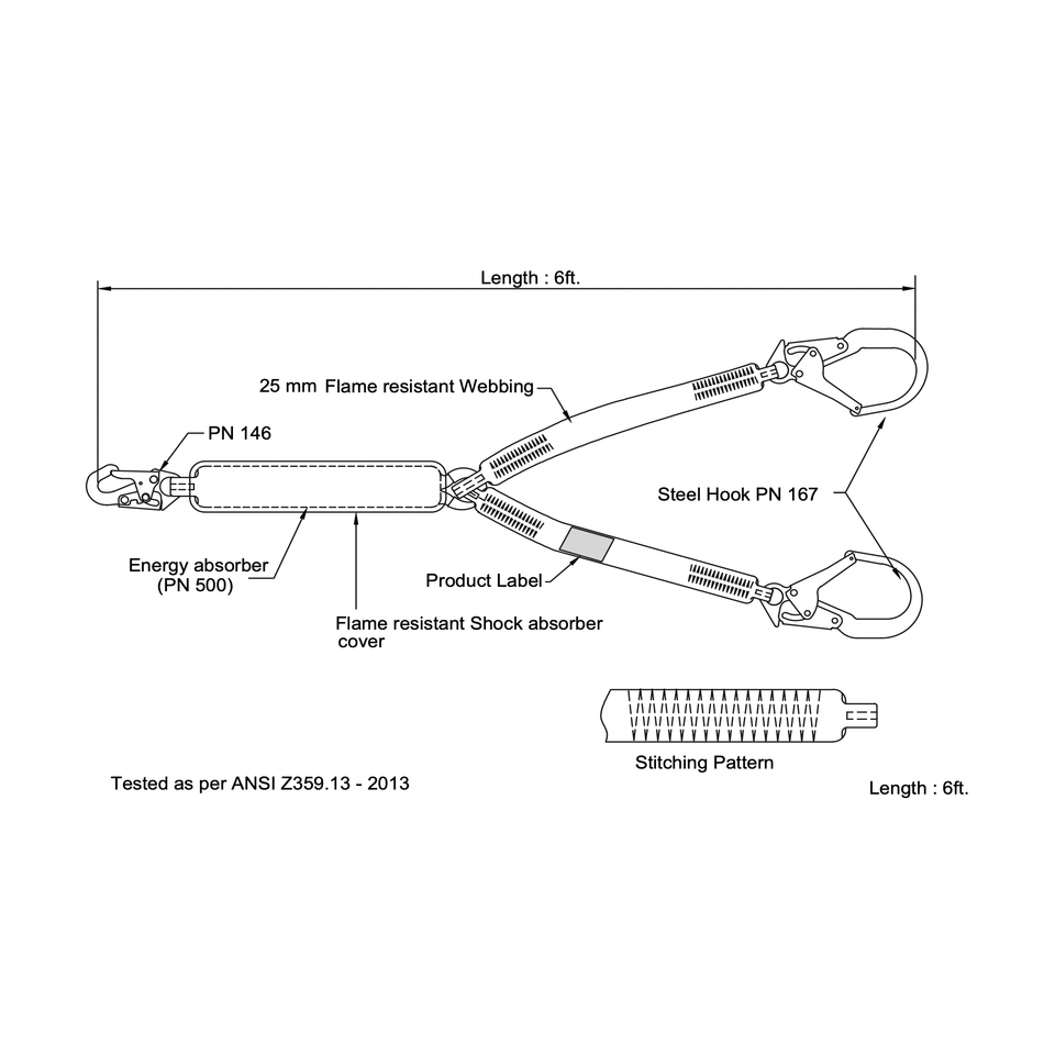 Palmer Safety Lanyard 6 Ft. Fr, 6 Ft. Free Fall. Shock Absorber, Rebar Hooks, Double Leg - L616222