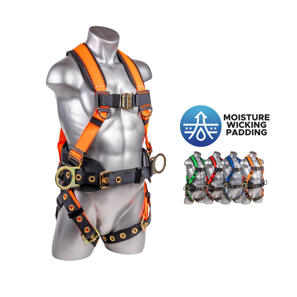 Palmer Safety 5 Point Harness, Back Padded, QCB Chest, Tongue & Buckle Leg Straps, Back/Side D-Rings, Positioning Belt. Variable Colors. - H222101129