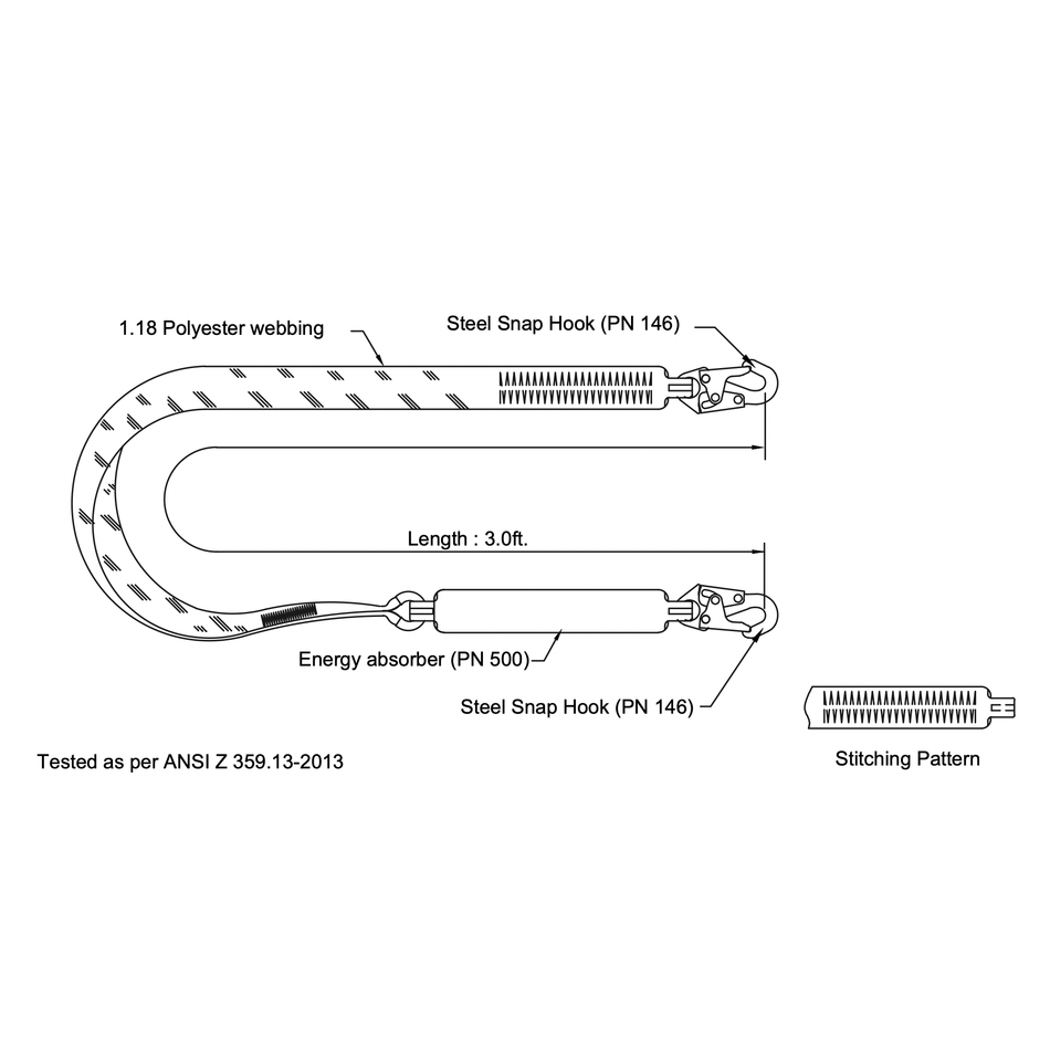 Palmer Safety Lanyard 3 ft. Shock Absorber, Small Hooks, Single Leg - L311111