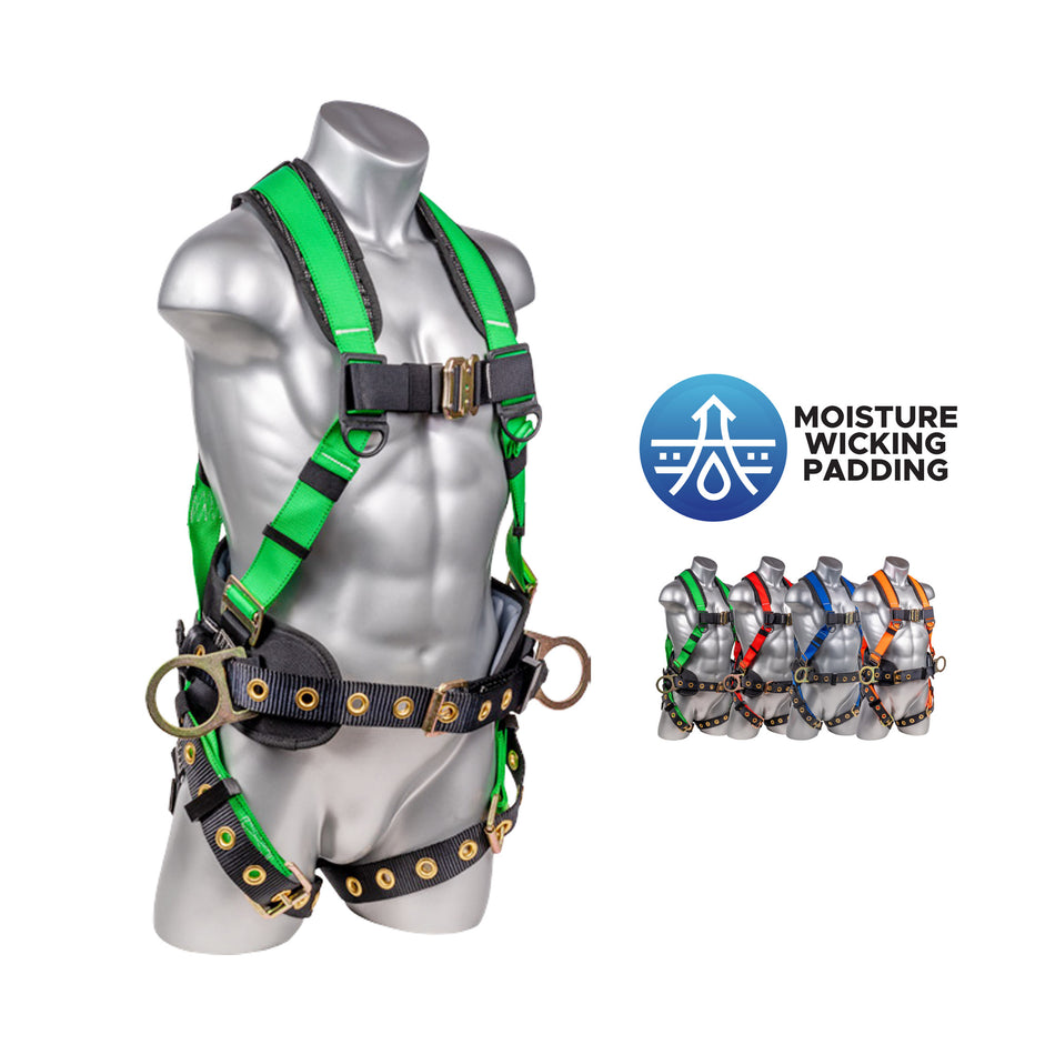 Palmer Safety 5 Point Harness, Back Padded, QCB Chest, Tongue & Buckle Leg Straps, Back/Side D-Rings, Positioning Belt. Variable Colors. - H222101128