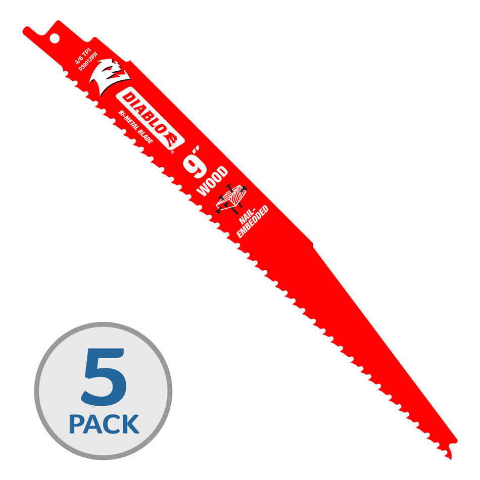 Diablo 9 in. Bi-Metal Recip Blade for Nail Embedded Wood (5 Pack) - DS0912BW5