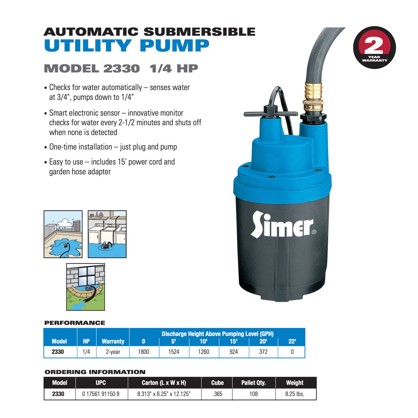 Simer 1/4 HP Electronic Submersible Utility Pump - 2330-03 – GCNYC